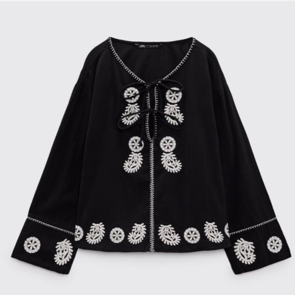 Zara Long Sleeve Boho Festival Top Cotton and Linen Black Embroidered (M)